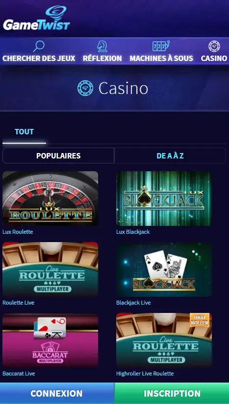 interface utilisateur mobile GAMETWIST CASINO
