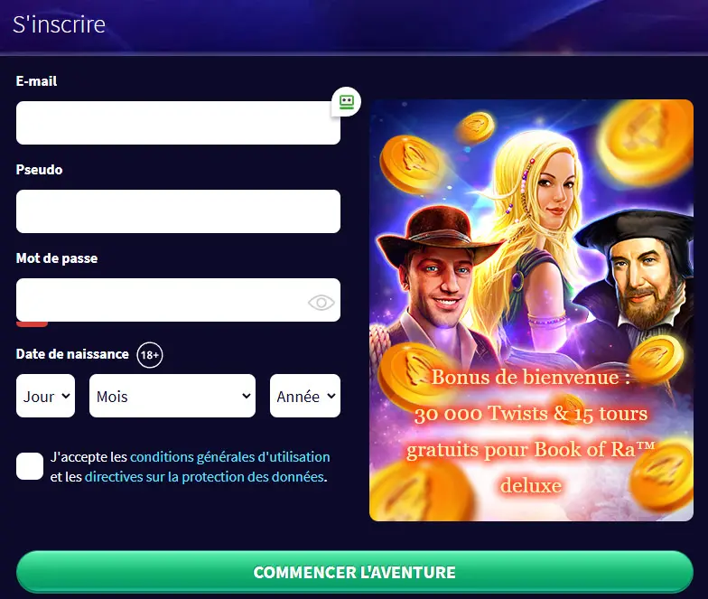 Processus d'inscription GAMETWIST CASINO